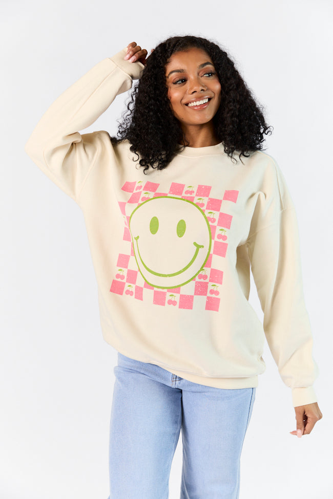 Checkered Cherry Smiley Sweet Cream Oversized Graphic Sweatshirt