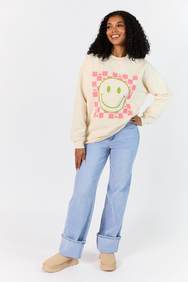 Checkered Cherry Smiley Sweet Cream Oversized Graphic Sweatshirt