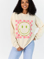 Checkered Cherry Smiley Sweet Cream Oversized Graphic Sweatshirt