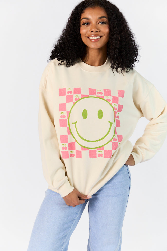 Checkered Cherry Smiley Sweet Cream Oversized Graphic Sweatshirt