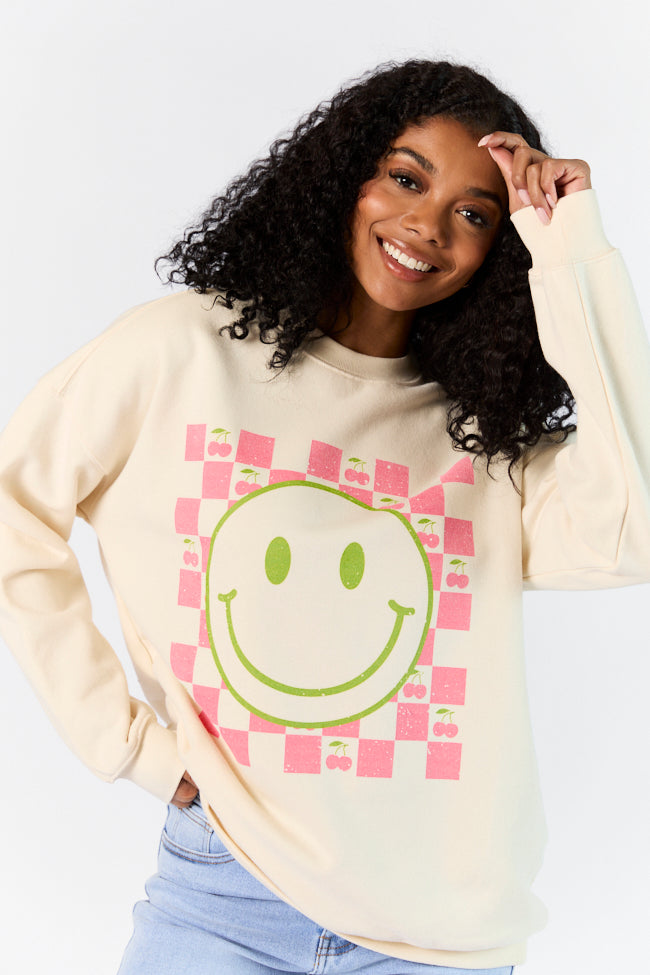 Checkered Cherry Smiley Sweet Cream Oversized Graphic Sweatshirt