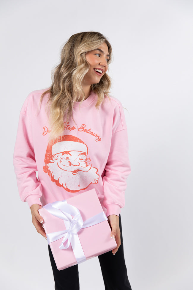 Don't Stop Believin' Light Pink Oversized Graphic Sweatshirt