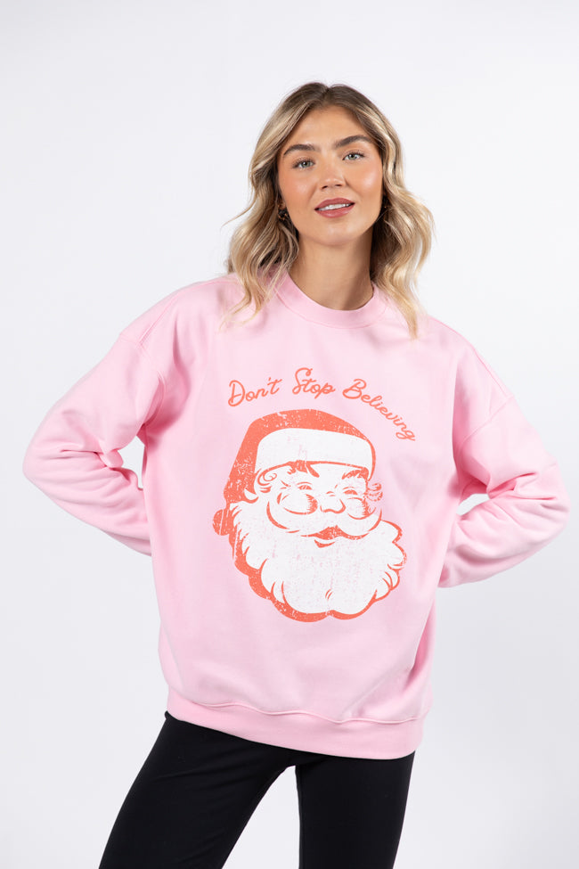 Don't Stop Believin' Light Pink Oversized Graphic Sweatshirt