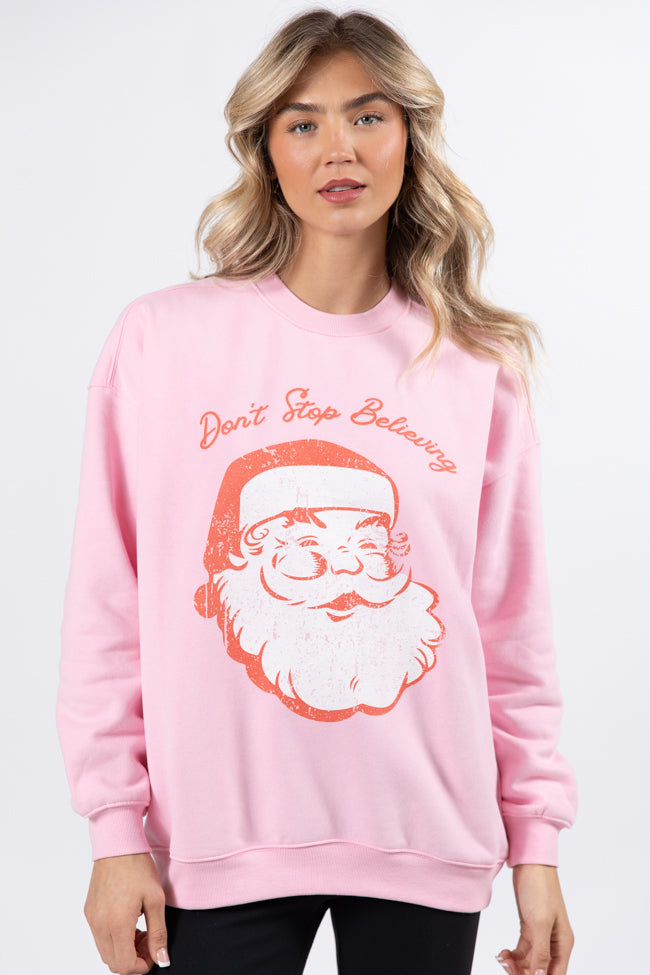 Don't Stop Believin' Light Pink Oversized Graphic Sweatshirt