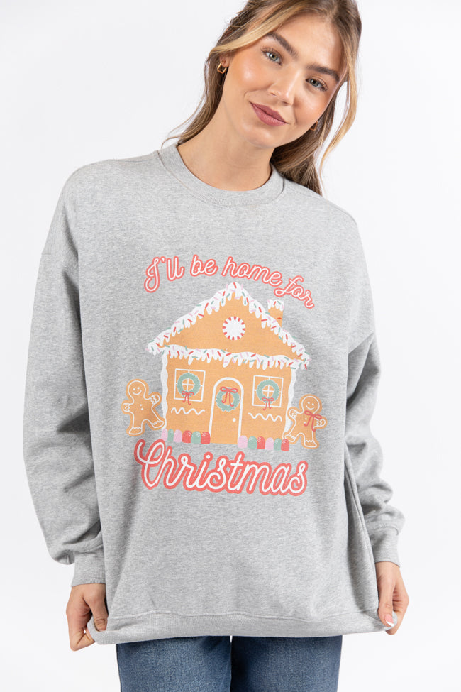 I'll Be Home For Christmas Light Grey Oversized Graphic Sweatshirt Macy Blackwell X Pink Lily