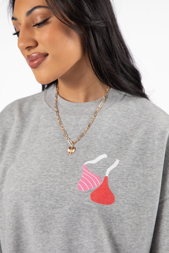 Hugs and Kisses Light Grey Oversized Graphic Sweatshirt