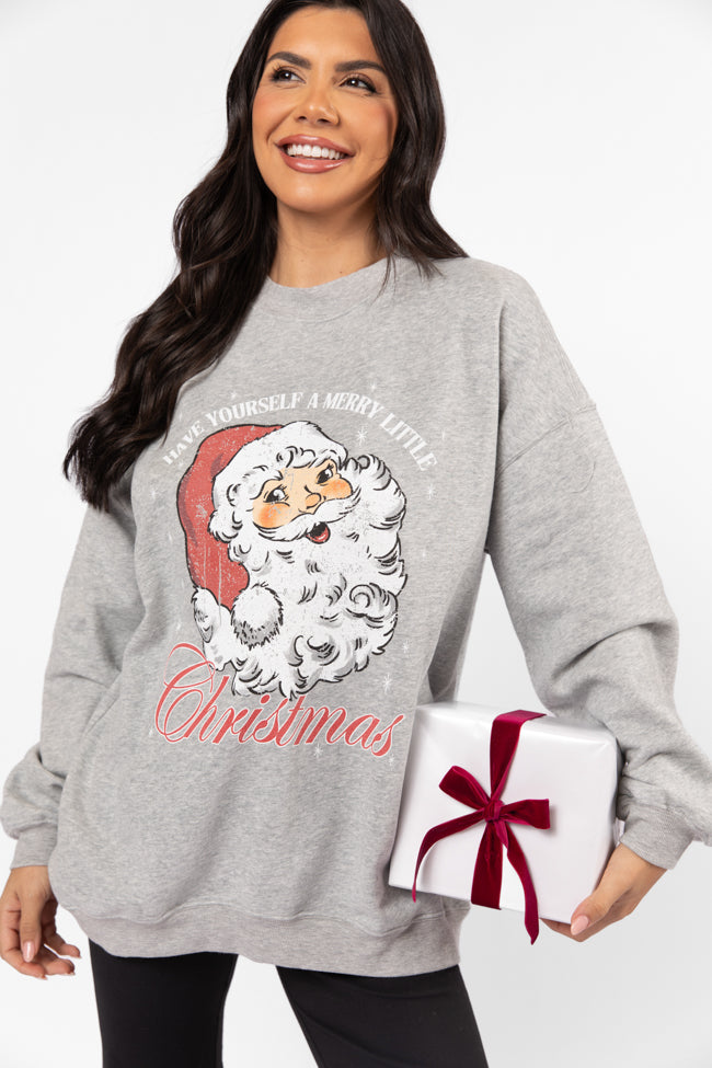 Santa Merry Little Christmas Light Grey Oversized Graphic Sweatshirt DOORBUSTER