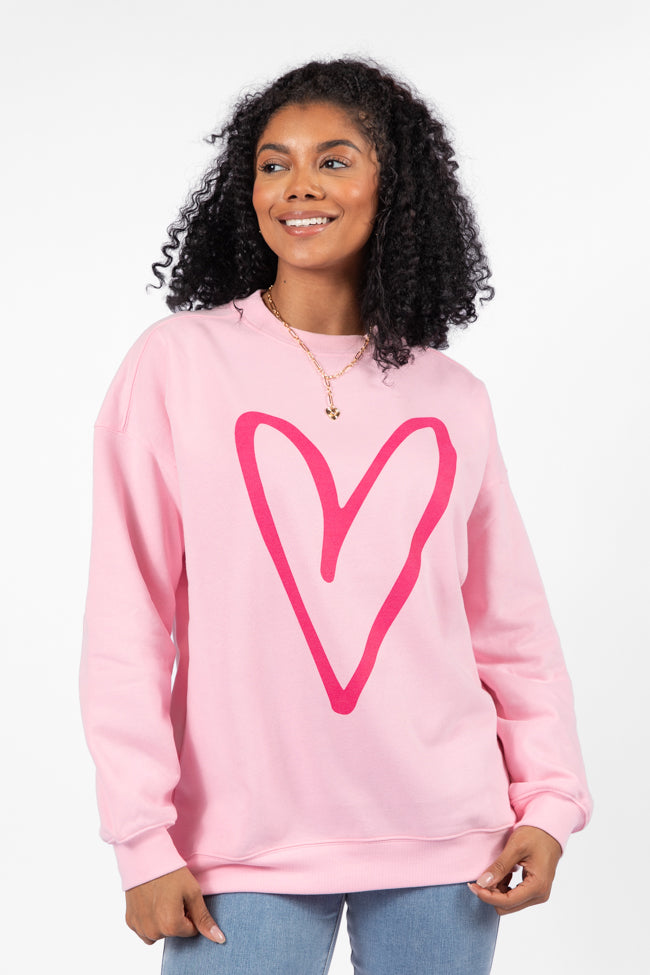 Heart Sketch Light Pink Oversized Graphic Sweatshirt