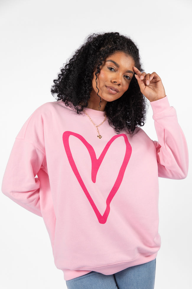 Heart Sketch Light Pink Oversized Graphic Sweatshirt