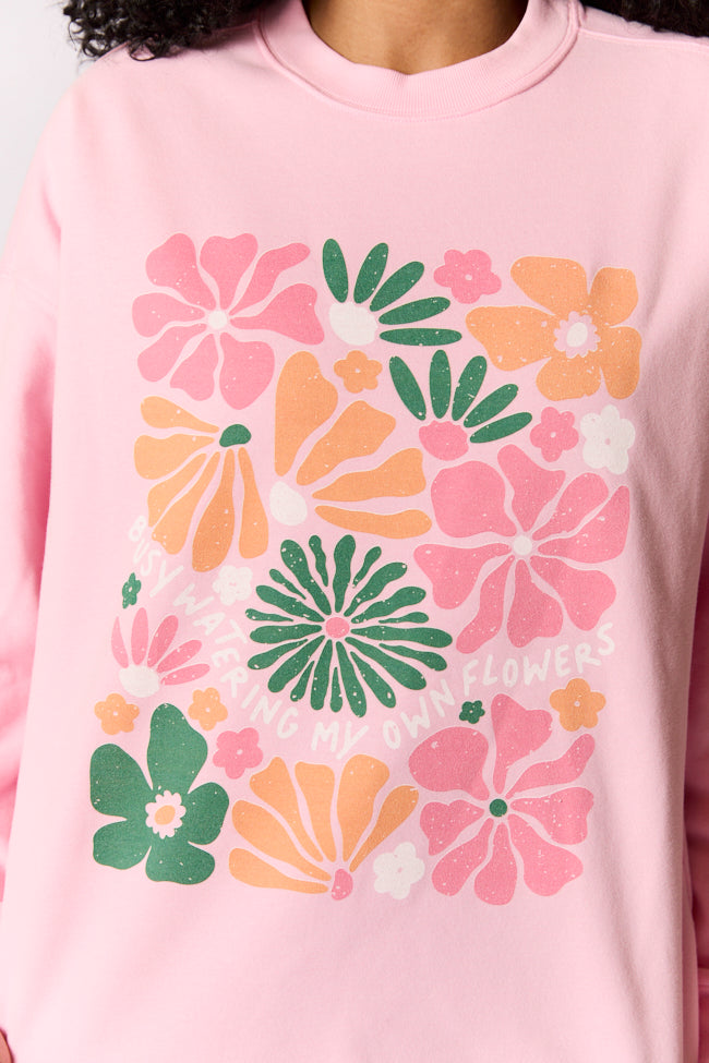 Busy Watering My Flowers Light Pink Oversized Graphic Sweatshirt