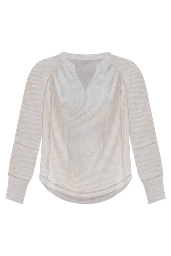 Believe In You Taupe Split V Knit Long Sleeve Top