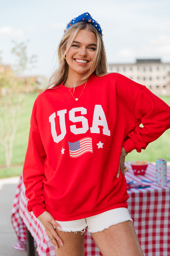 USA Flag Red Oversized Graphic Sweatshirt