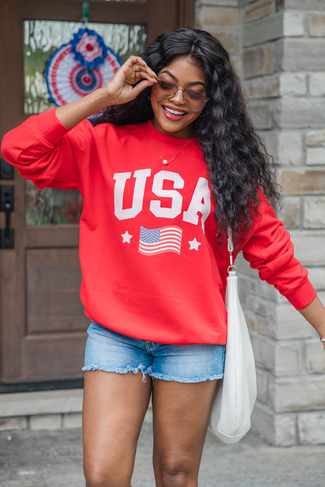 USA Flag Red Oversized Graphic Sweatshirt