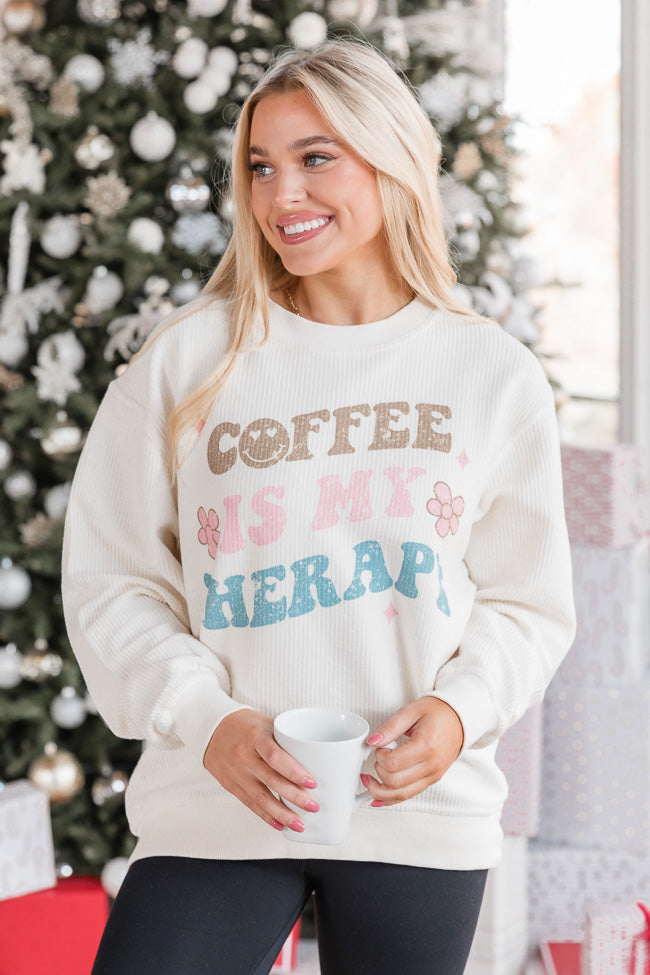 Coffee Is My Therapy Ivory Corded Graphic Sweatshirt