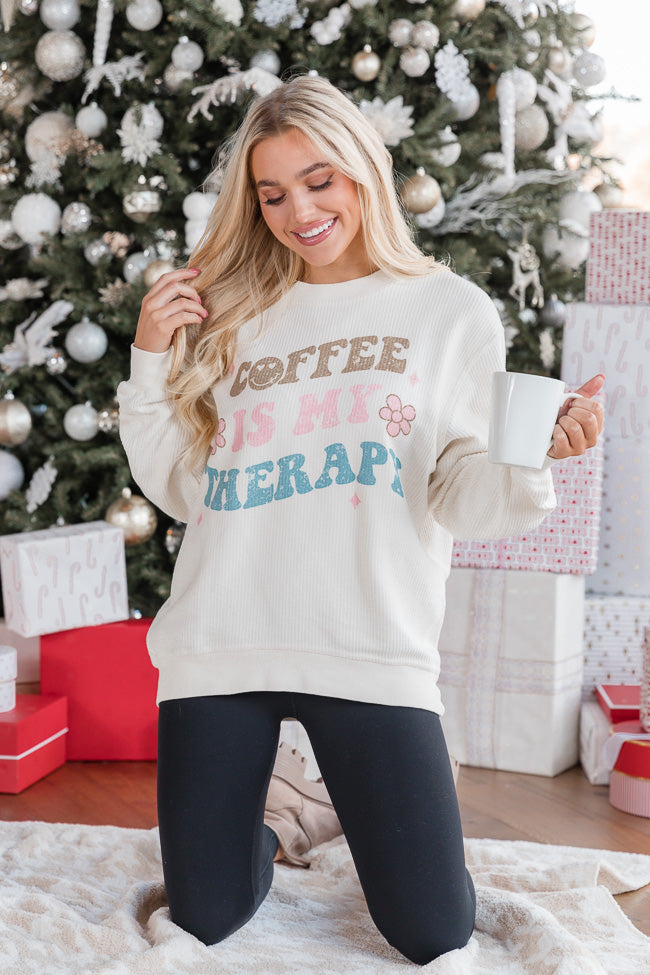 Coffee Is My Therapy Ivory Corded Graphic Sweatshirt