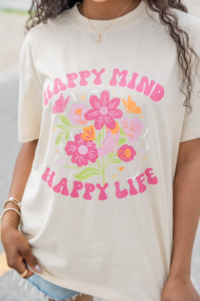 Happy Mind Happy Life Ivory Oversized Graphic Tee