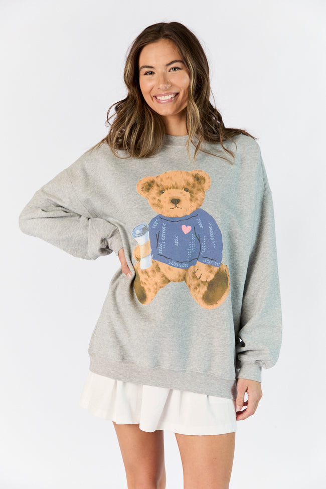 Vintage Teddy Bear Heart Sweater Light Grey Oversized Graphic Sweatshirt