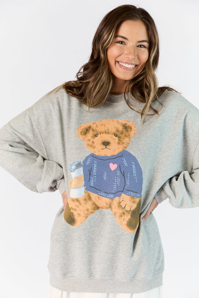 Vintage Teddy Bear Heart Sweater Light Grey Oversized Graphic Sweatshirt