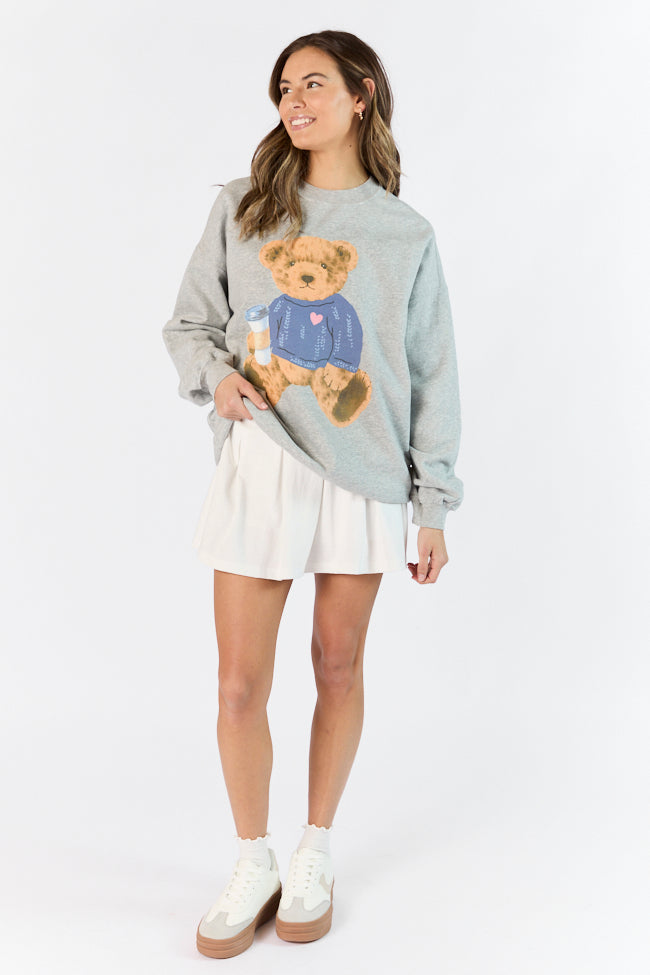 Vintage Teddy Bear Heart Sweater Light Grey Oversized Graphic Sweatshirt