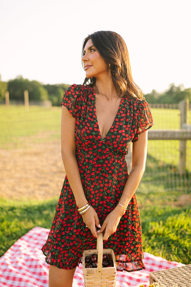 Amari Black Cherry Print Dress Cece Barnes X Pink Lily SALE
