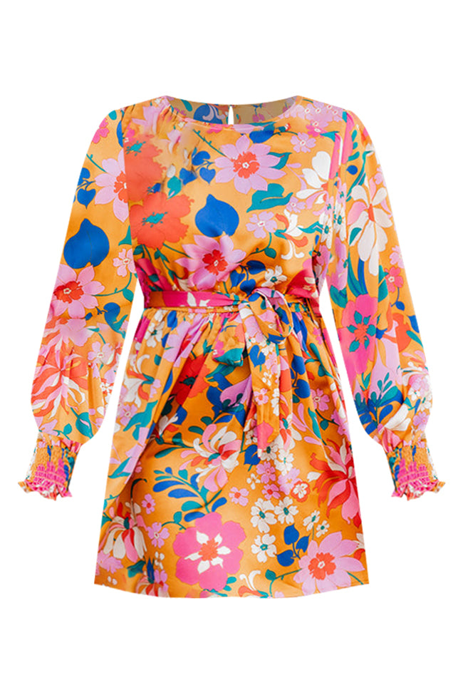 Call In The Morning Yellow Floral Long Sleeve Satin Mini Dress FINAL SALE