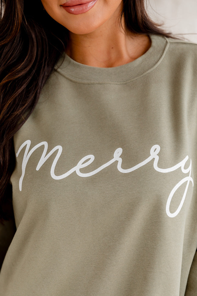 Merry Script Olive Oversized Graphic Sweatshirt