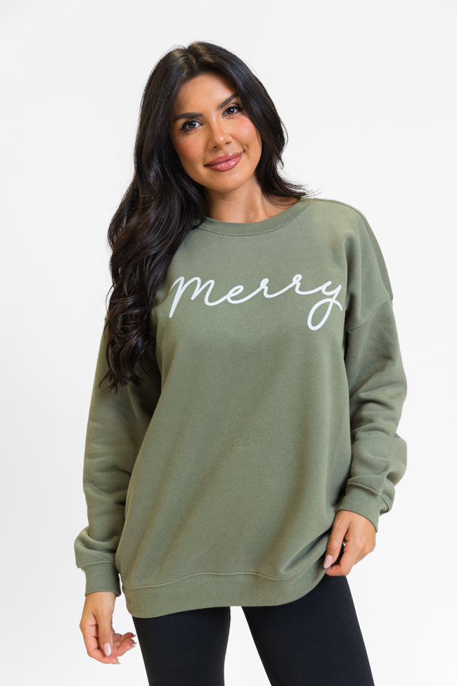 Merry Script Olive Oversized Graphic Sweatshirt