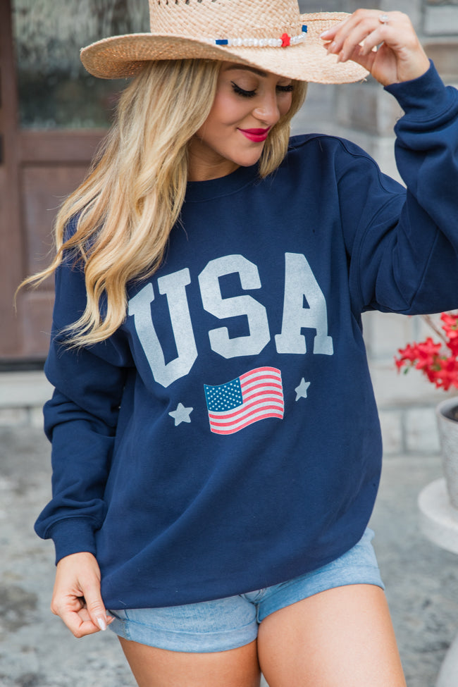 USA Flag Navy Oversized Graphic Sweatshirt