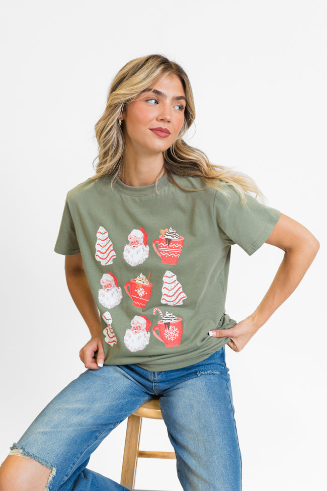 Santa Christmas Cakes Olive Oversized Graphic Tee