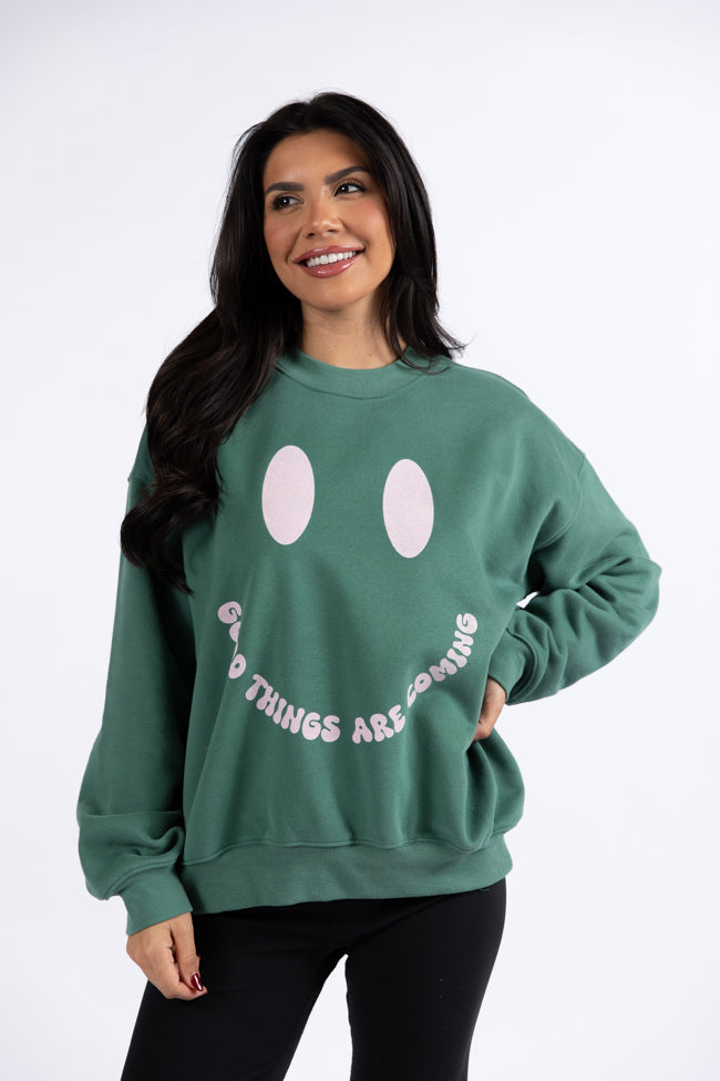 Good Things Are Coming Pine Needle Green Graphic Sweatshirt DOORBUSTER