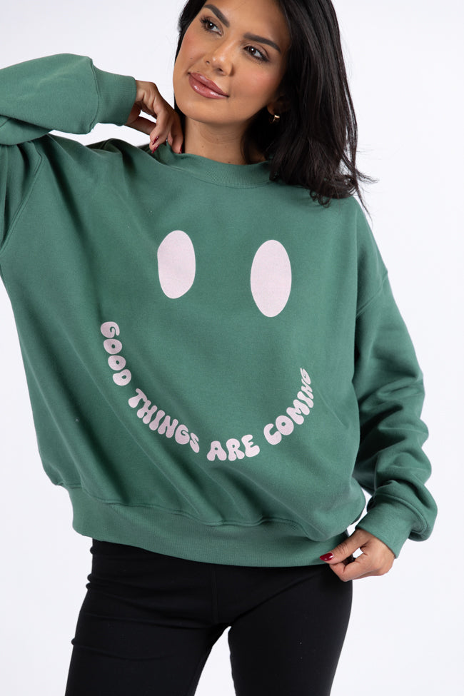 Good Things Are Coming Pine Needle Green Graphic Sweatshirt DOORBUSTER