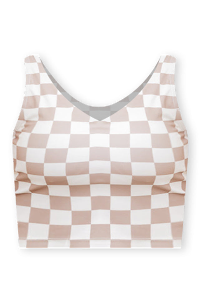 Miles Ahead Cropped Beige Checkered V-neck Tank Bra Top