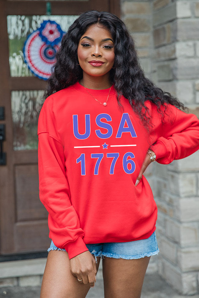 USA 1776 Red Oversized Graphic Sweatshirt