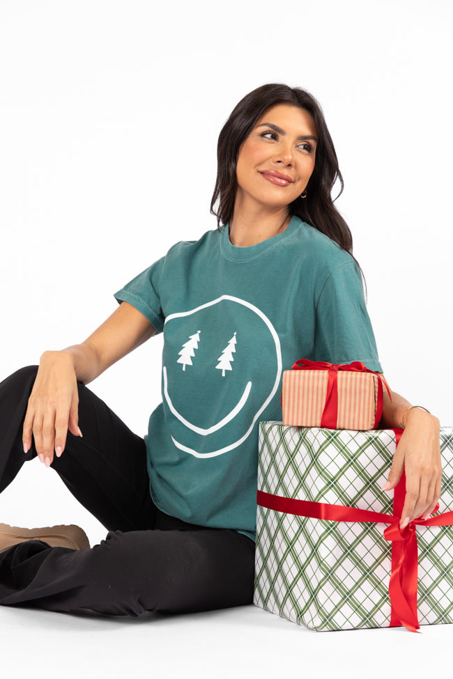 Smiley Face Christmas Tree Emerald Comfort Color Graphic Tee DOORBUSTER