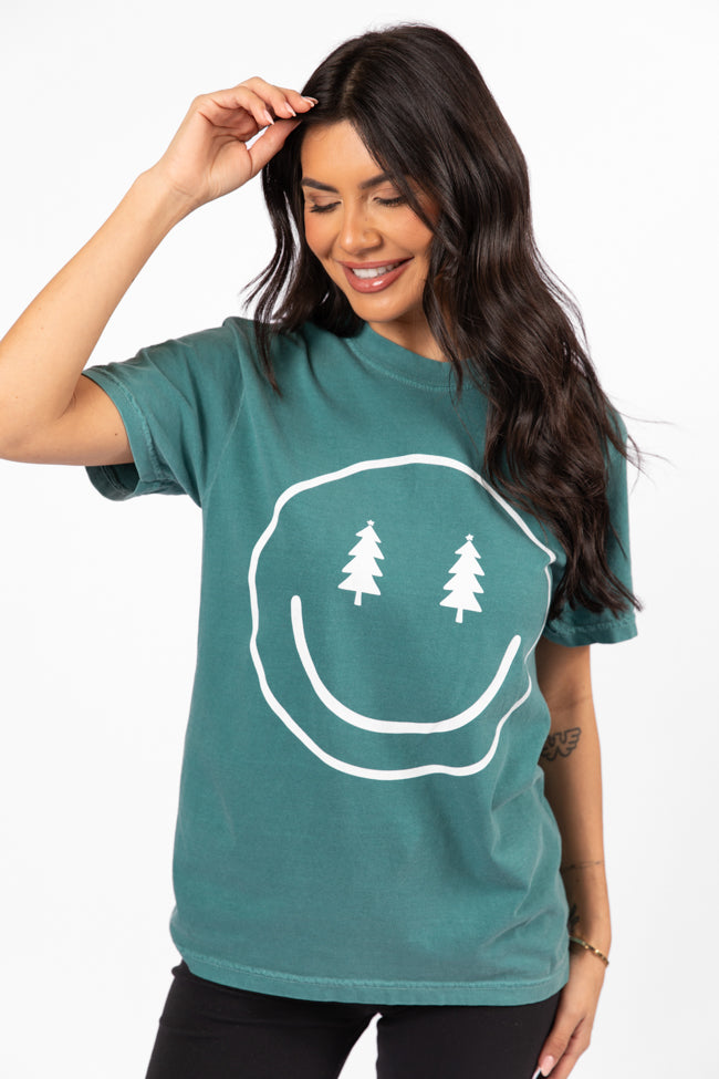 Smiley Face Christmas Tree Emerald Comfort Color Graphic Tee DOORBUSTER