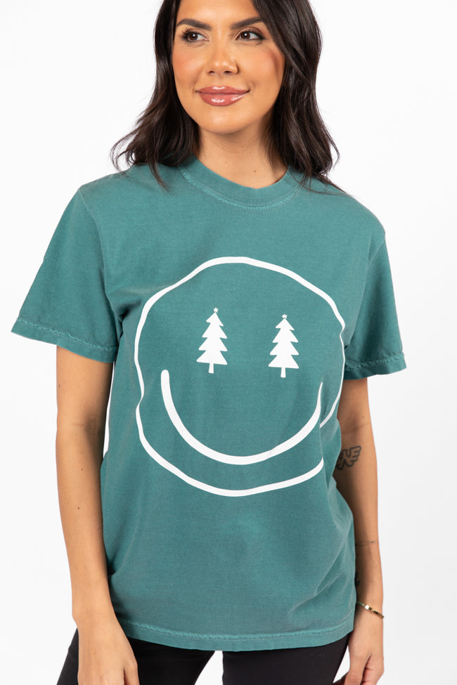 Smiley Face Christmas Tree Emerald Comfort Color Graphic Tee DOORBUSTER