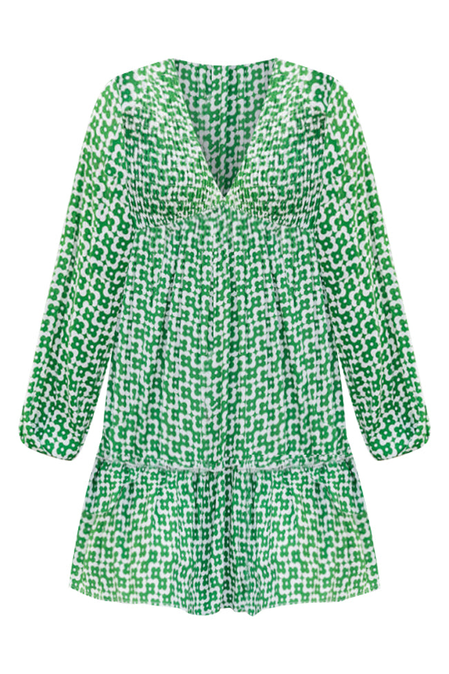 Everything You Wanted Green Retro Printed Long Sleeve Smocked Bust Mini Dress FINAL SALE