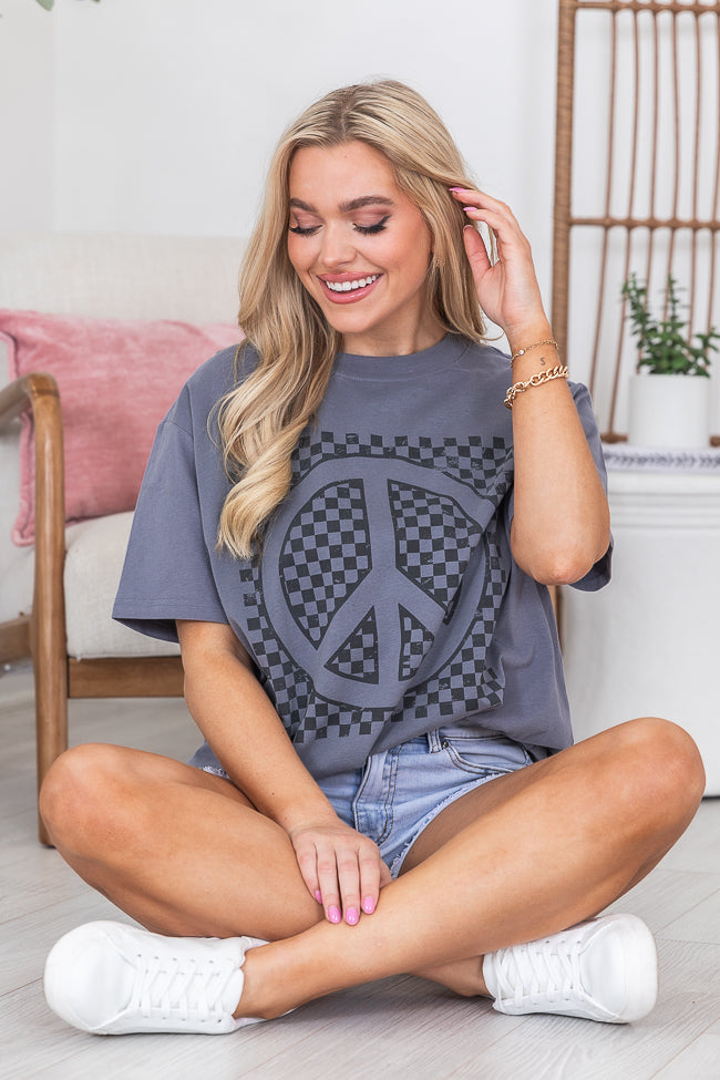 Checkered Peace Grey Oversized Graphic Tee