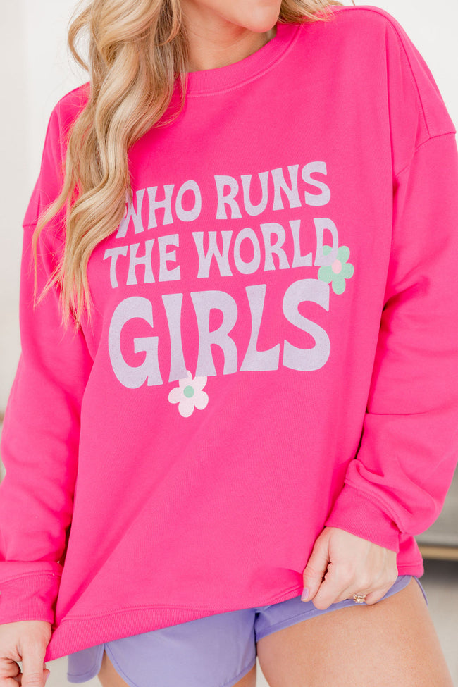 Who Runs The World Girls Hot Pink Oversized Graphic Sweatshirt