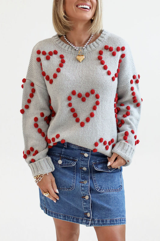 Adore You Grey and Red Oversized Heart Pom Sweater Kalee Rogers X Pink Lily SALE