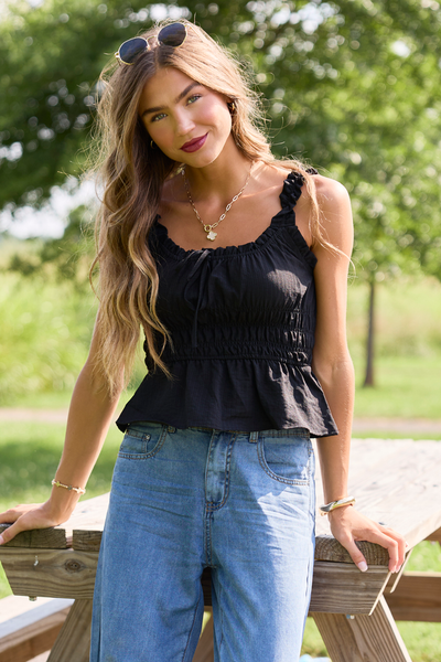 Amber Evening Black Smocked Front Tie Tank Amber Evening Black Smocked Front Tie Tank