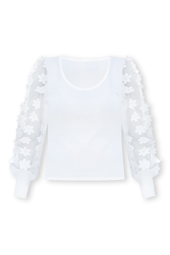 Getting Along Ivory Floral Applique Sleeve Ribbed Top