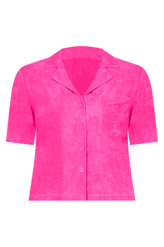 Girls Just Wanna Have Fun Dark Pink Button Up Terry Lounge Top