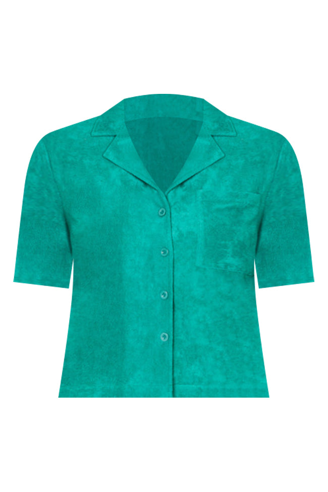 Girls Just Wanna Have Fun Teal Button Up Terry Lounge Top
