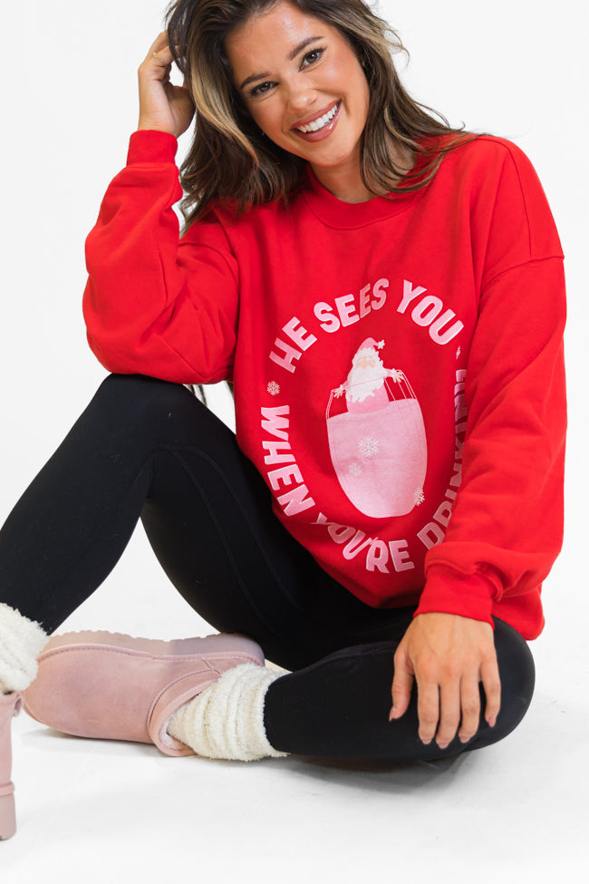 He Sees You When You're Drinking Red Oversized Graphic Sweatshirt