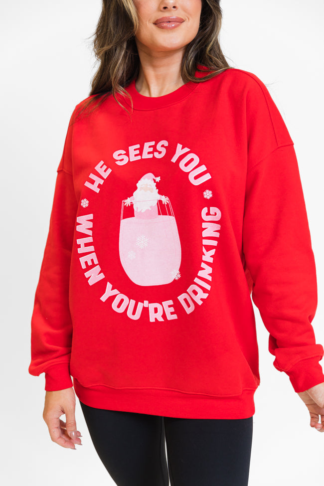 He Sees You When You're Drinking Red Oversized Graphic Sweatshirt