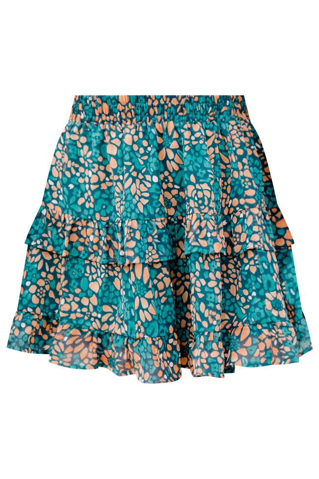 Hear Me Out Teal Abstract Printed Ruffle Trim Skirt