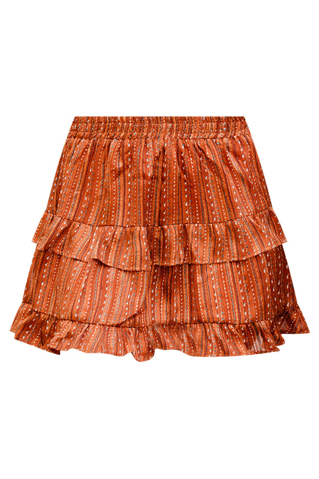 Hear Me Out Brown Multi Printed Ruffle Trim Skirt FINAL SALE
