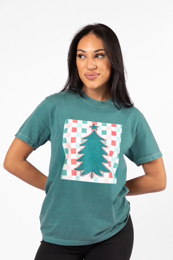 Checkered Christmas Tree Emerald Comfort Colors Graphic Tee DOORBUSTER