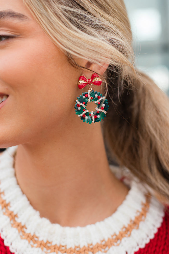 Resin And Rhinestone Christmas Wreath Earrings